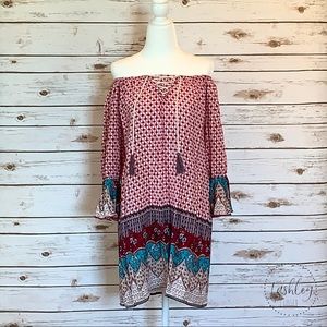UMGEE MIXED PATTERN OFF THE SHOULDER DRESS